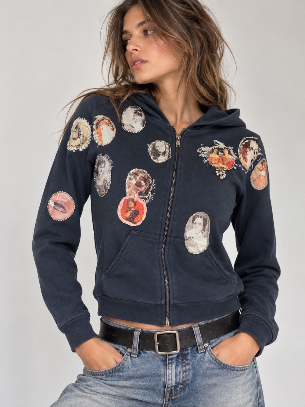 Y2K Vintage 2002 Portrait Patchwork Rhinestone Zip Hoodie S